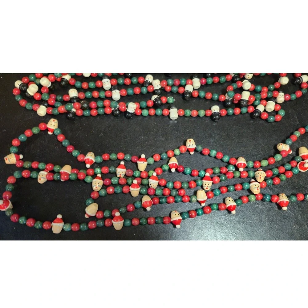 Vintage Christmas Wood Bead Garland Set Santa Snowman Red Green 95 inches